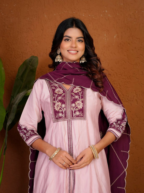 Roman Silk Embroidered Anarkali Kurti Plazo Set