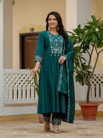 Mahendi Viscose Roman Silk Mirror Work Anarkali Suit Set with Chanderi Silk Dupatta