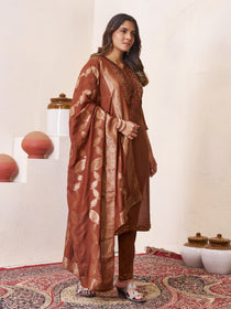 Brown Roman Silk Embroidered Kurta Pant Dupatta Set