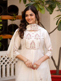 Rust Pure Viscose Mango Silk Embroidered Kurta Set