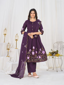 Multi-Thread Embroidered Cotton Anarkali Kurti Set with Dupatta