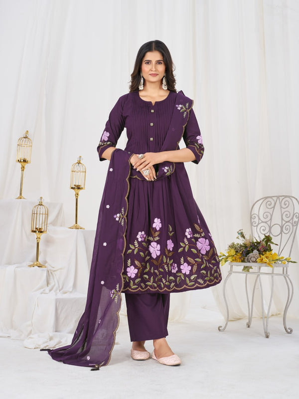 Multi-Thread Embroidered Cotton Anarkali Kurti Set with Dupatta