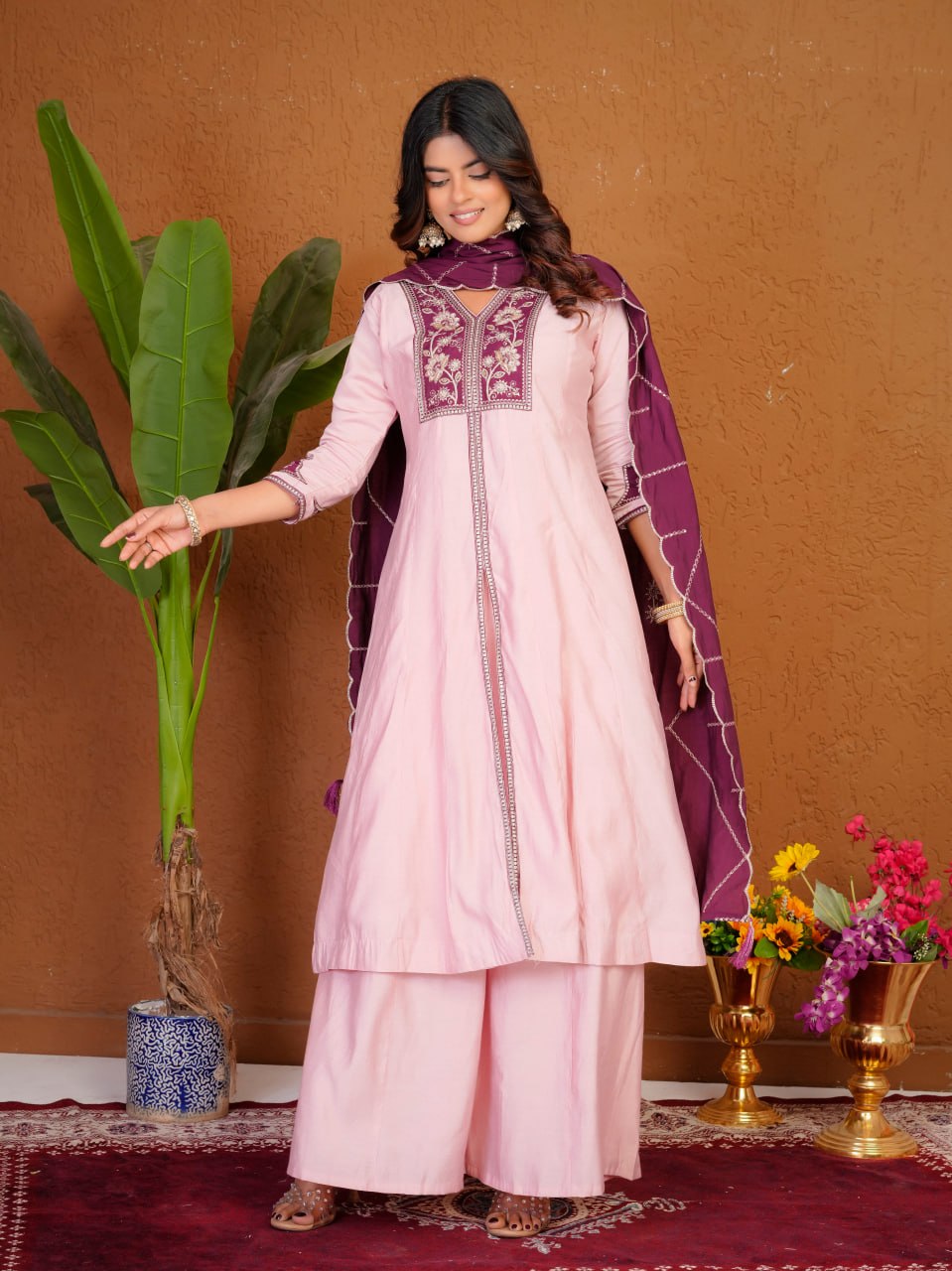 Roman Silk Embroidered Anarkali Kurti Plazo Set