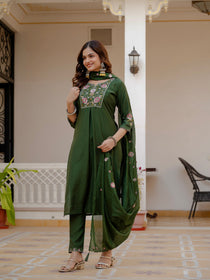 Rust Viscose Mango Silk Embroidered Kurta Set