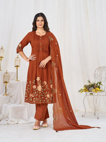 Multi-Thread Embroidered Cotton Anarkali Kurti Set with Dupatta