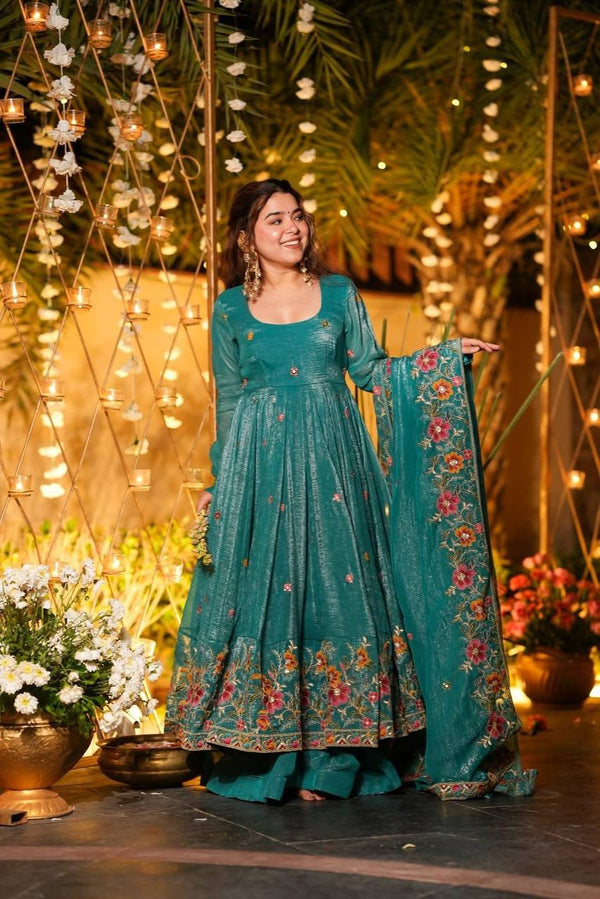 Multi Embroidery Sequins Work Anarkali With Palzzo Suit
