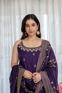 Wine Vichitra Silk Embroidered Gown Set