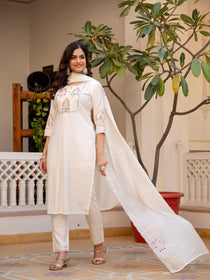 Rust Pure Viscose Mango Silk Embroidered Kurta Set