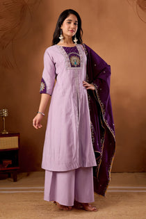 Light Pink Roman Silk Embroidered Anarkali Palazzo Set