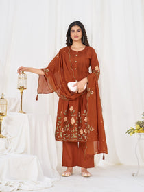 Multi-Thread Embroidered Cotton Anarkali Kurti Set with Dupatta