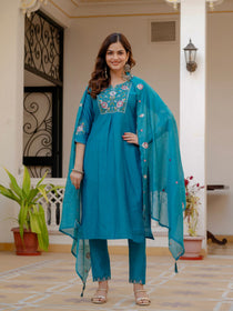 Rust Viscose Mango Silk Embroidered Kurta Set