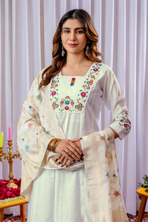 Off White Mango Silk Embroidered Kurta Palazzo Dupatta Set