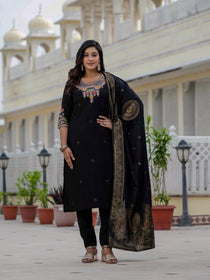 Black Premium Roman Silk Embroidered Kurta Pant Dupatta Set