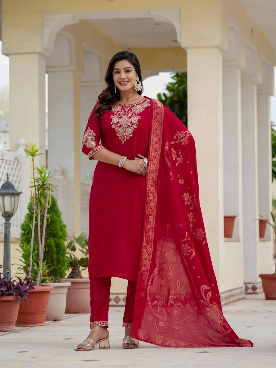 Maroon Premium Roman Silk Embroidered Kurta Pant Dupatta Set Secondary image