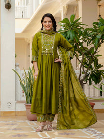 Mahendi Viscose Roman Silk Mirror Work Anarkali Suit Set