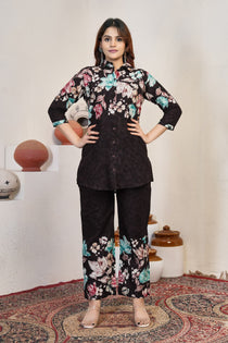 Black Pure Cotton Floral Printed Co-Ord Set with Matching Pants