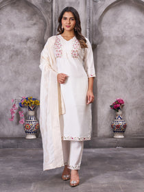 Brown Roman Silk Sequin Embroidered Kurta Pant Set with Maslin Silk Dupatta