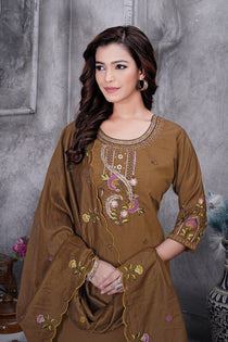 Brown Roman Silk Embroidered Kurta Pant Dupatta Set