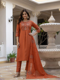 Rust Pure Viscose Mango Silk Embroidered Kurta Set with Dupatta