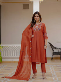 Rust Viscose Mango Silk Embroidered Kurta Set with Pant and Dupatta