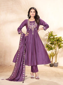Purple Roman Silk Embroidered Anarkali Suit Set with Dupatta