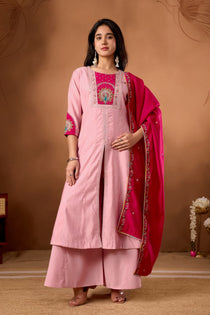 Light Pink Roman Silk Embroidered Anarkali Palazzo Set with Rani Pink Dupatta