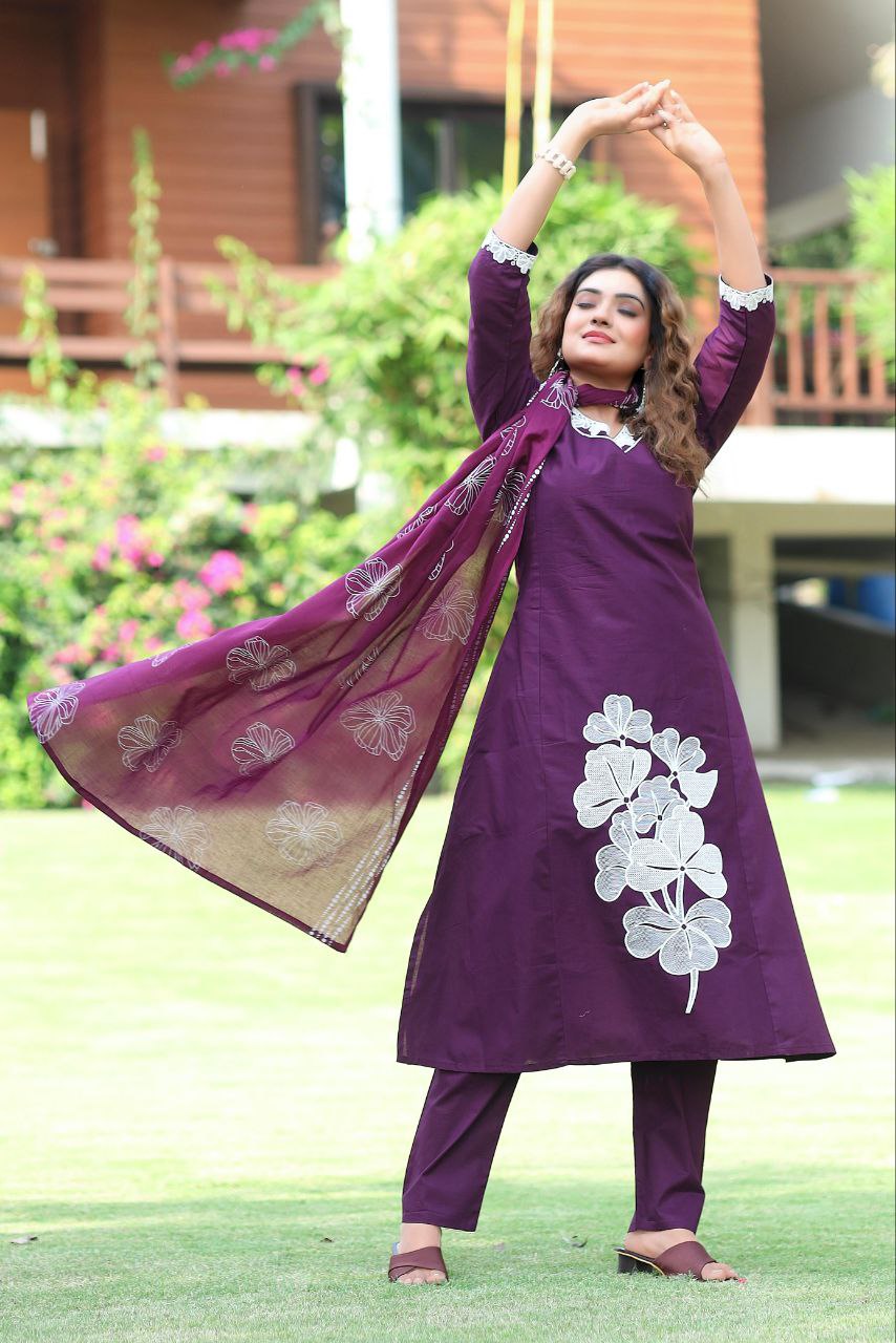 Purple Cotton Embroidered A-Line Kurta Pant Dupatta Set Main image