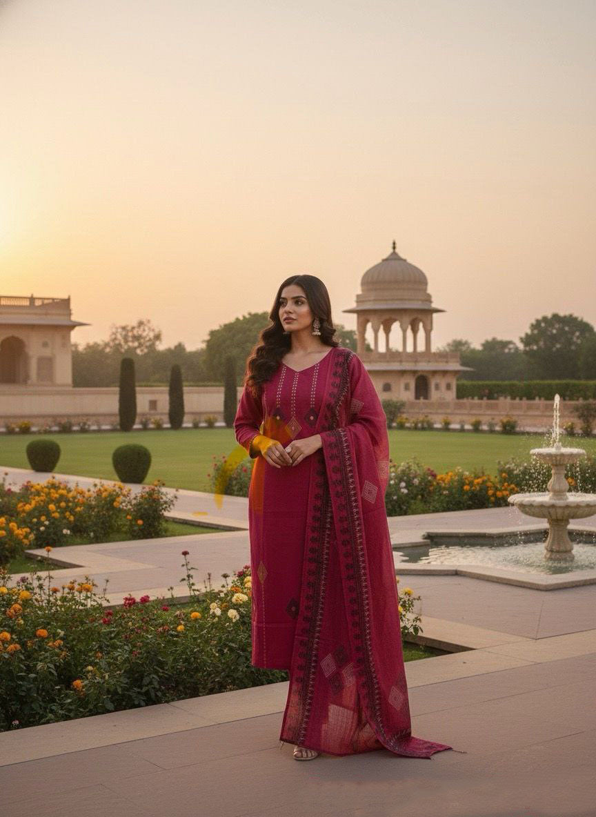 Cherry Pure Cotton Mirror Work Kurta Pant Dupatta Set