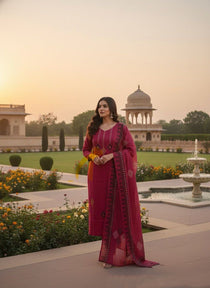 Cherry Pure Cotton Mirror Work Kurta Pant Dupatta Set