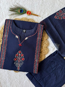 Pure Cotton Navy Blue Mirror Work Suit Set