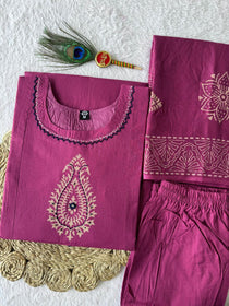 Rani Pink Color Pure Cotton Mirror Work Suit Set