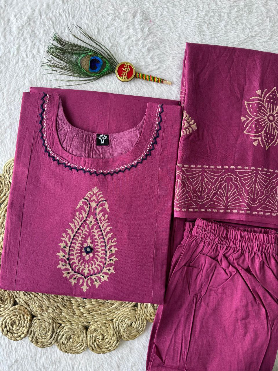Rani Pink Color Pure Cotton Mirror Work Suit Set