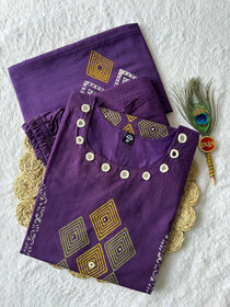 Purple Pure Cotton Mirror Work Kurta Pant Dupatta Set