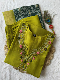 Parrot Green Roman Silk Hand Work Kurta Pant Dupatta Set