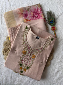 Light Peach Roman Silk Hand Work Kurta Pant Dupatta Set