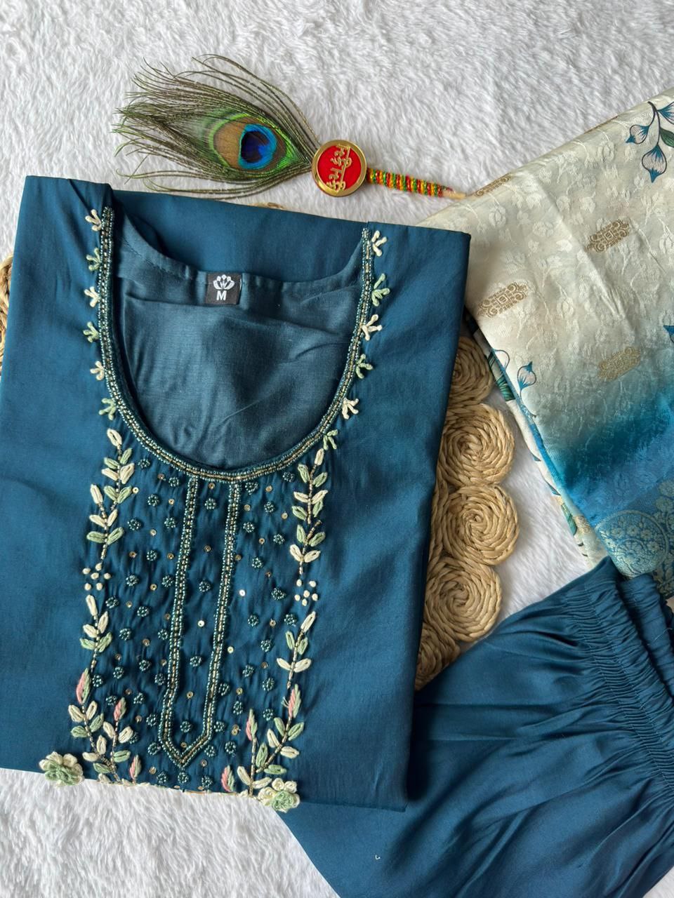 Morpich Roman Silk Hand Work Kurta Pant Dupatta Set