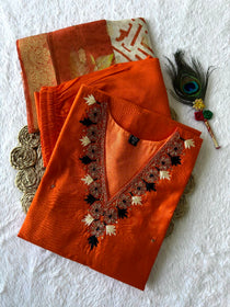 Orange Roman Silk Hand Work Kurta Pant Dupatta Set