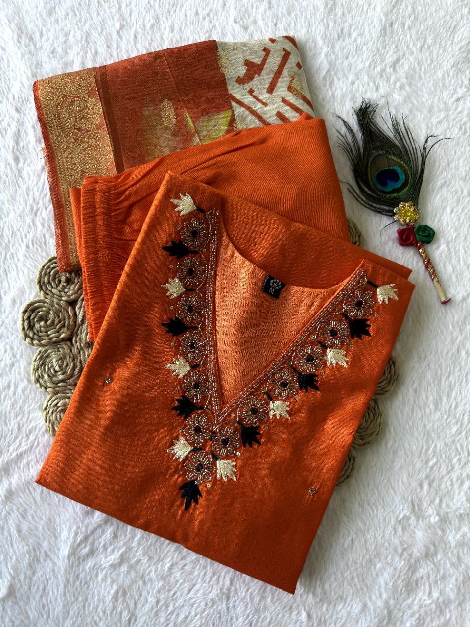 Orange Roman Silk Hand Work Kurta Pant Dupatta Set