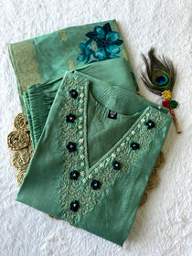 C-Green Roman Silk Hand Work Kurta Pant Dupatta Set
