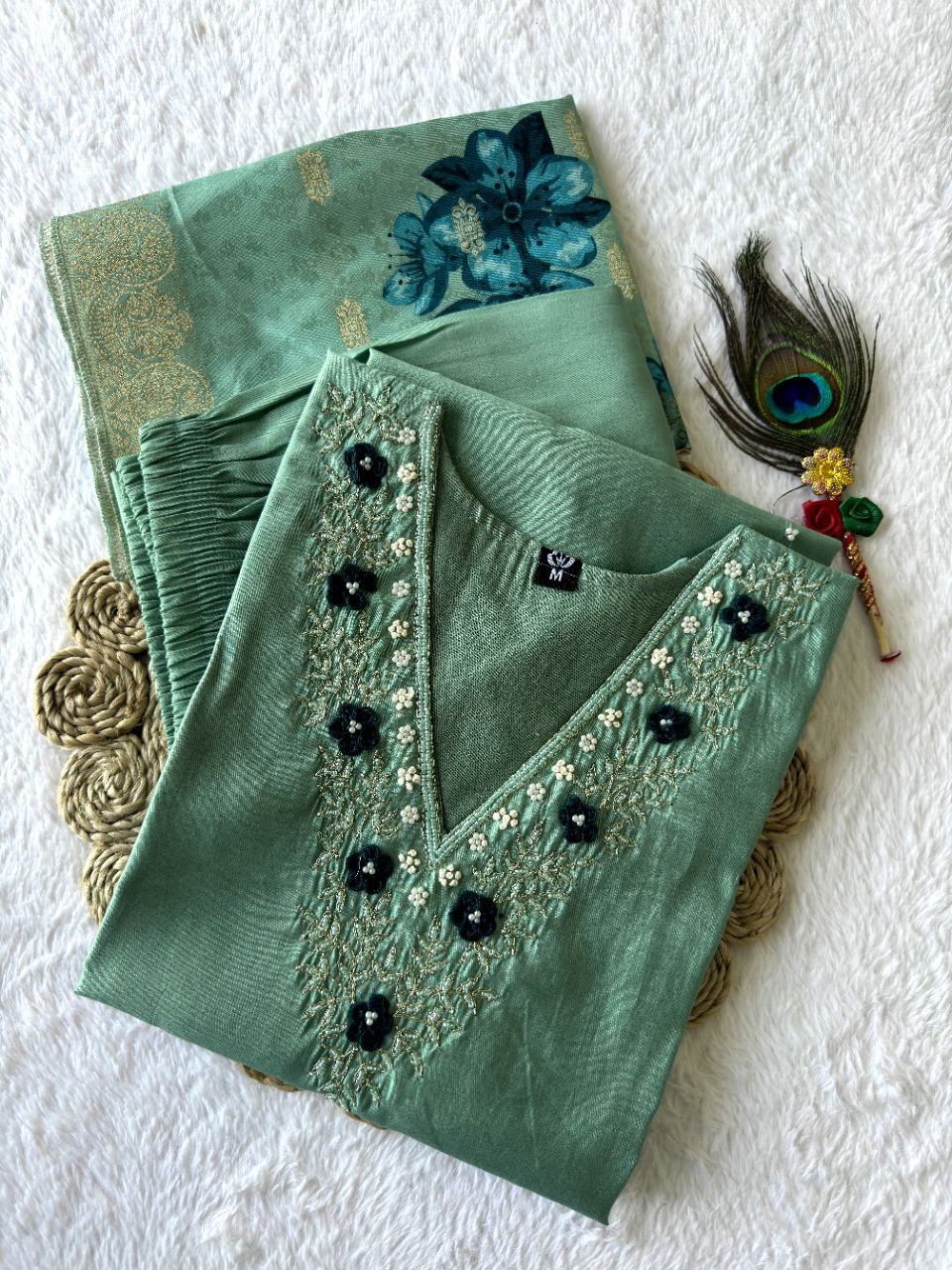 Marvelous Sea Green Handwork Suit Set