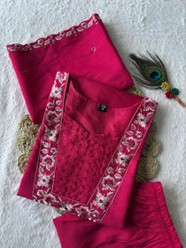 Pink Roman Silk Embroidered Kurta Pant Dupatta Set