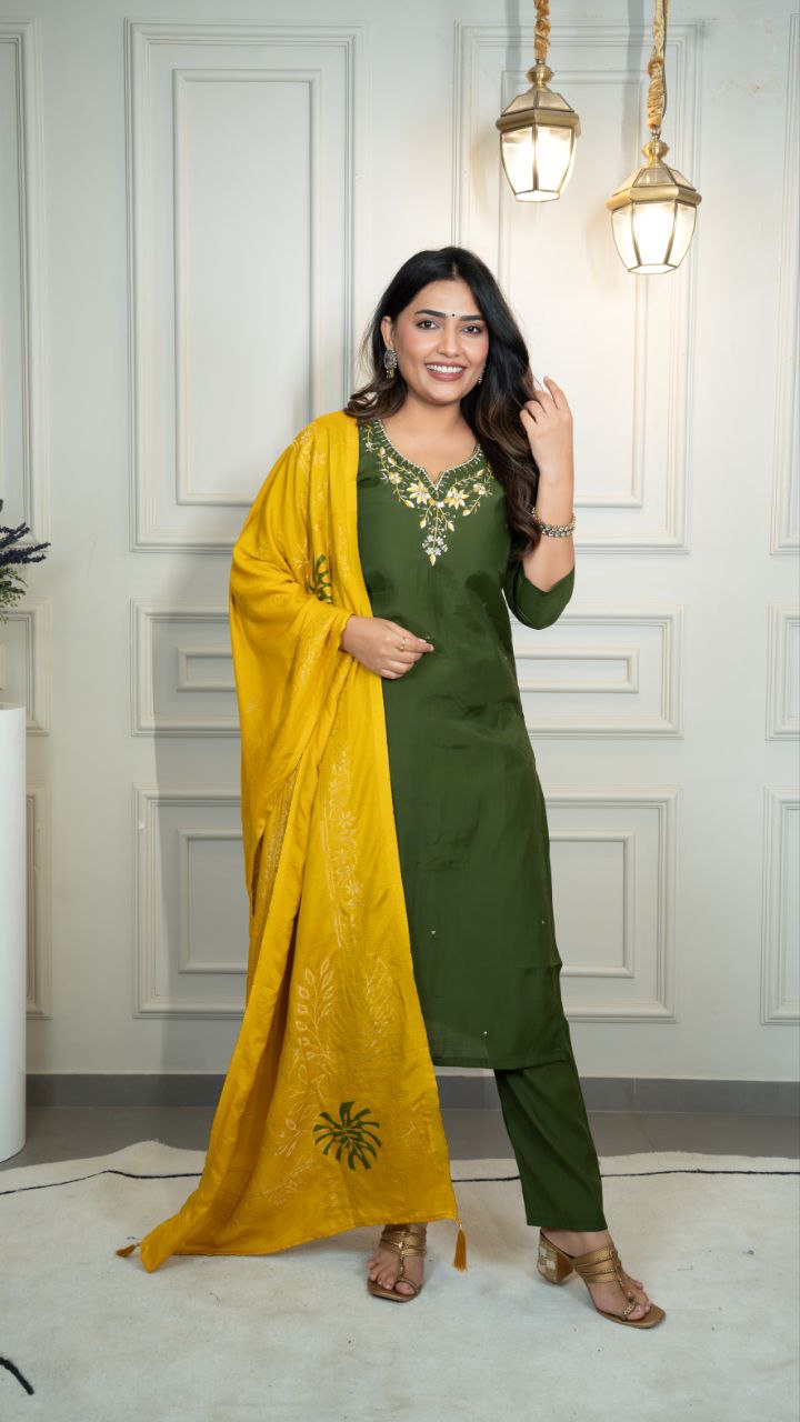 Premium Roman Silk Mahendi Handwork Suit Set
