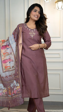 Burgundy Hand Work Kurta Pant Dupatta Set