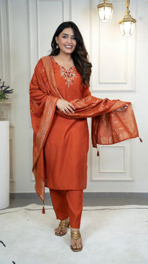 Rust Roman Silk Handwork Kurta Pant Set