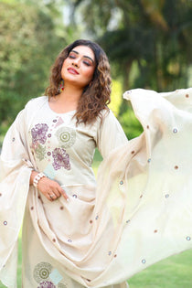 Cream Cotton Embroidered A-Line Kurta Pant Dupatta Set