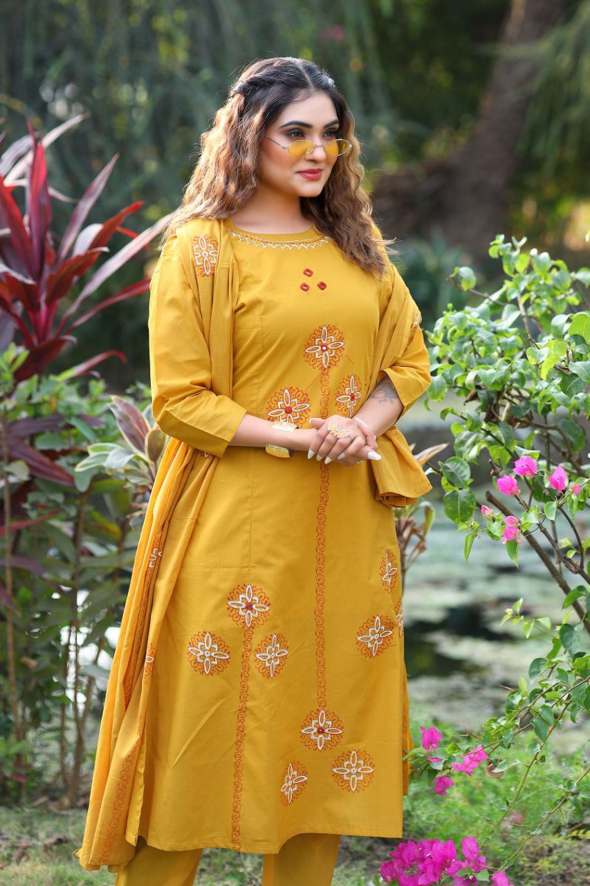 Mustard Pure Cotton Mirror Work A-Line Kurta Pant Dupatta Set