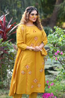 Mustard Pure Cotton Mirror Work A-Line Kurta Pant Dupatta Set
