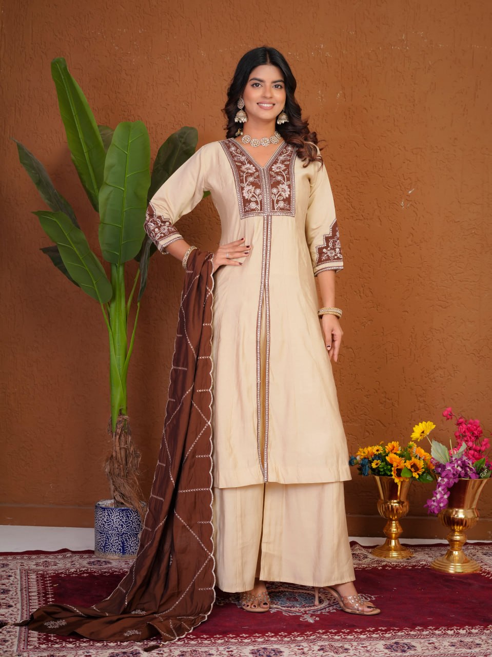 Roman Silk Embroidered Anarkali Kurti Plazo Set
