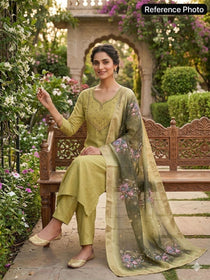 Olive Blossom Embroidered Kurta Set with Premium Floral Printed Dupatta