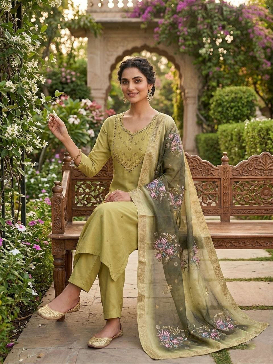 Elaichi Green Handwork Mul Chanderi Kurta Set Secondary image